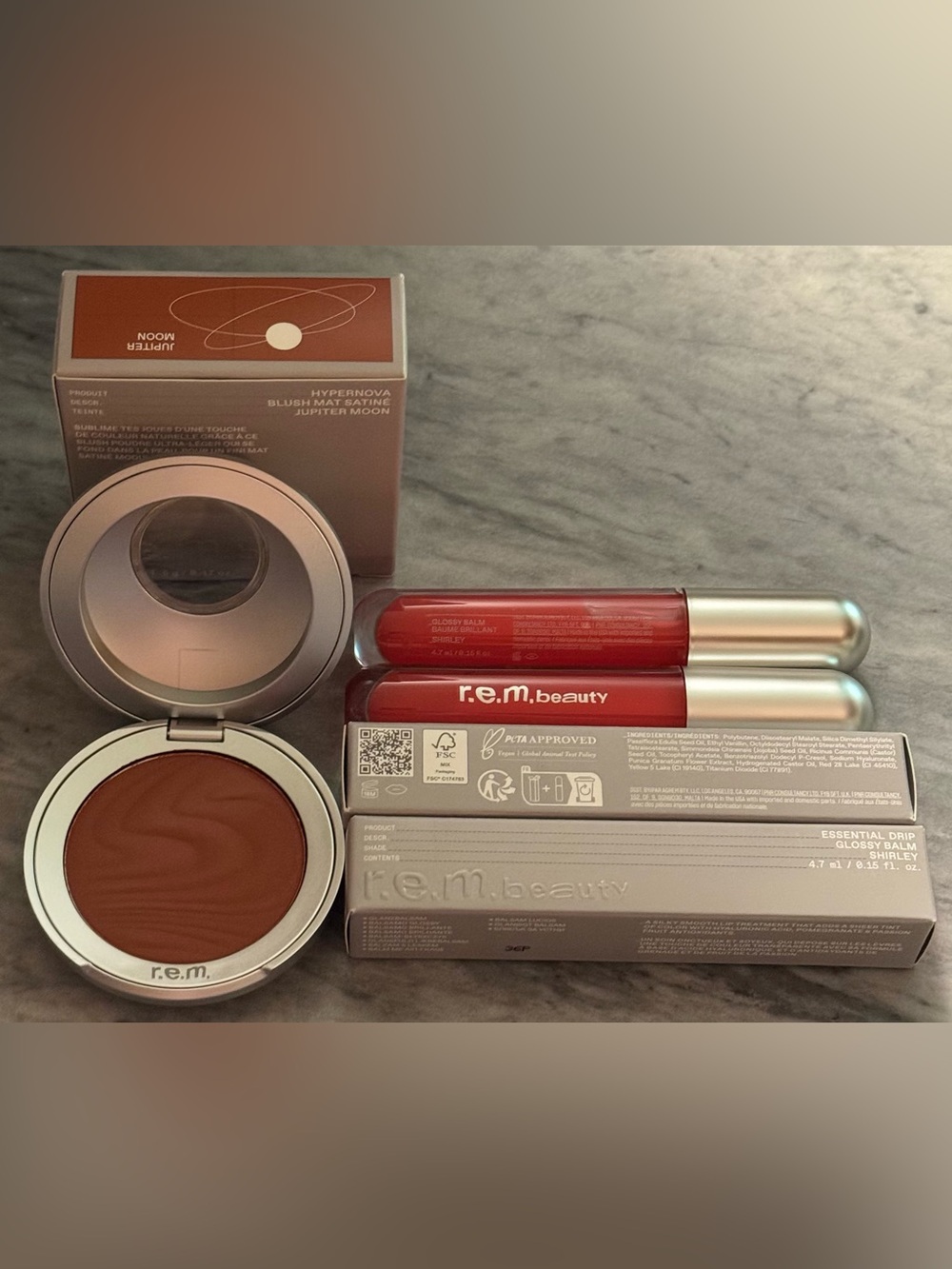 r.e.m. Beauty Hypernova Satin Blush Jupiter Moon & Essential Drip Gloss Shirley